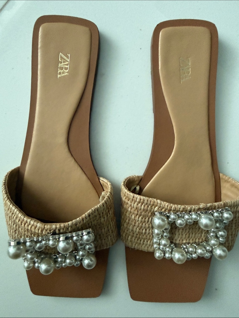 Zara Tan Raffia Slide Sandals with Pearl-Embellished Buckle - Picture 4 of 8